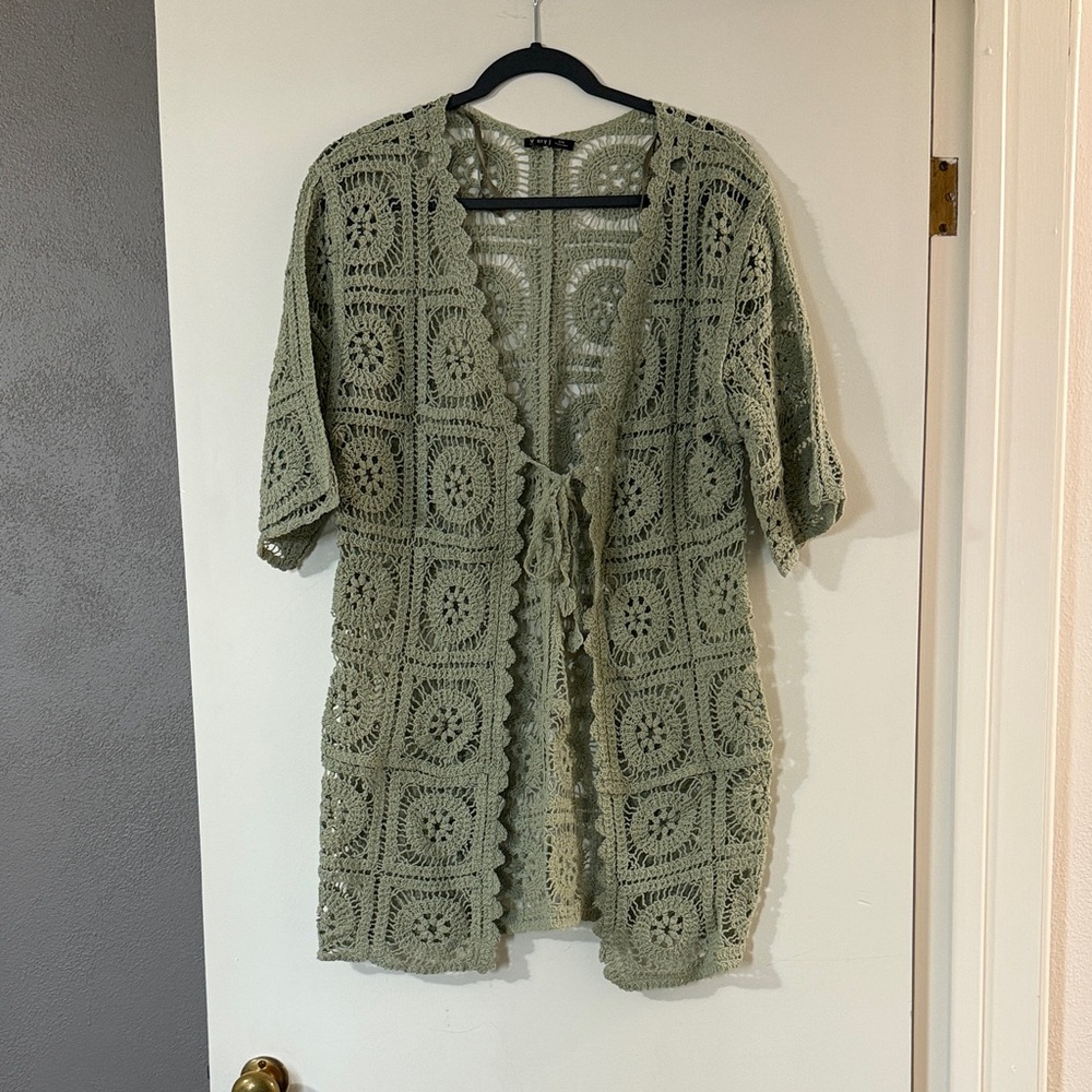 Very J Olive Green Crochet Open Front Cardigan
